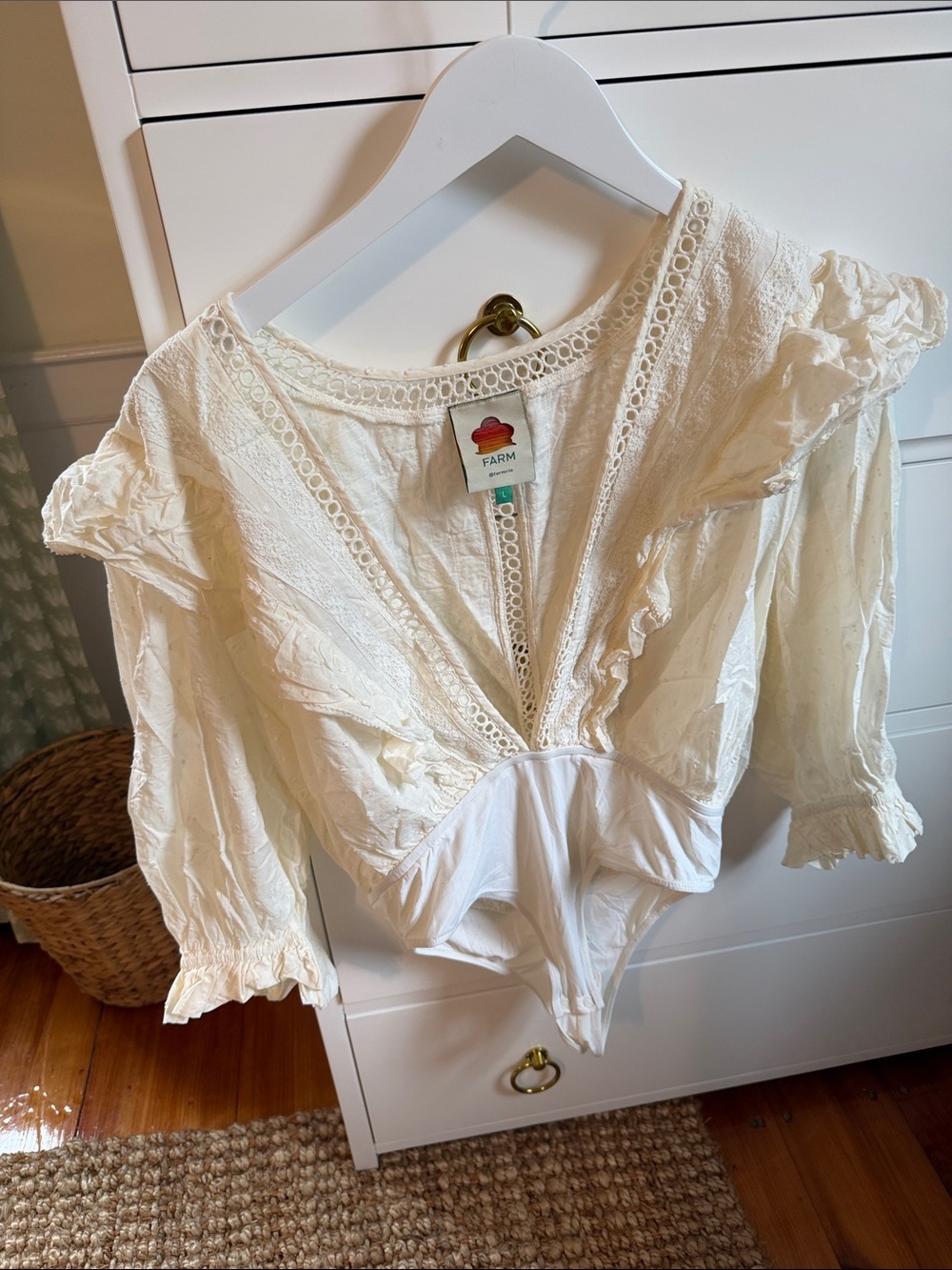 FARM Rio Cream Lace-Trim V-Neck Ruffle Bodysuit - Never worn!